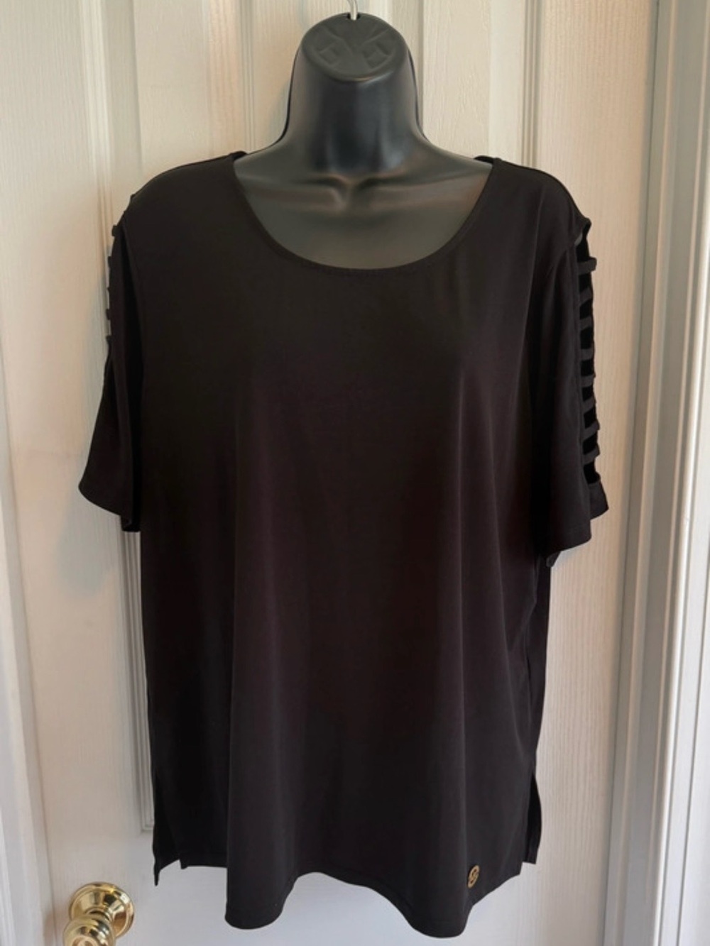 Michael Kors Women’s Black Short Sleeve Blouse with Ladder Sleeve Detail